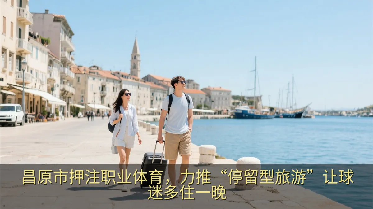 海港城市的周末旅行场景,游客拖着行李眺望海边