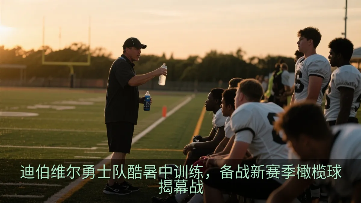 教练在训练场边指导橄榄球队员补水和训练