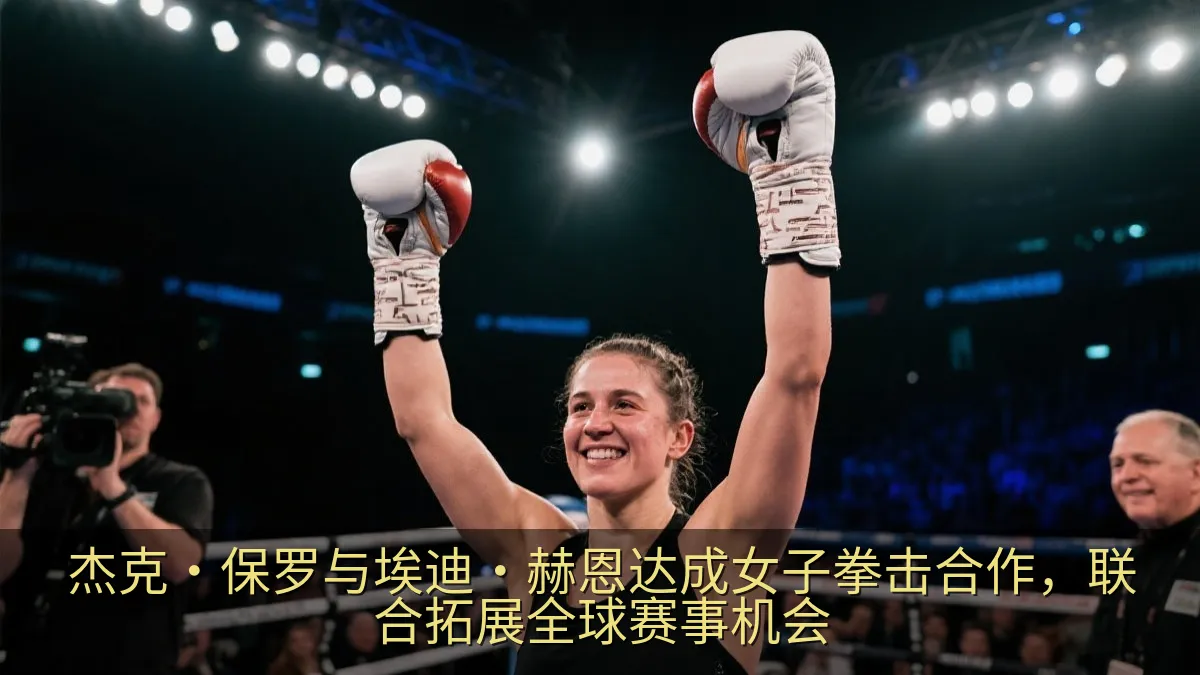 女子拳击冠军赛后在擂台中央举起拳套庆祝的场景